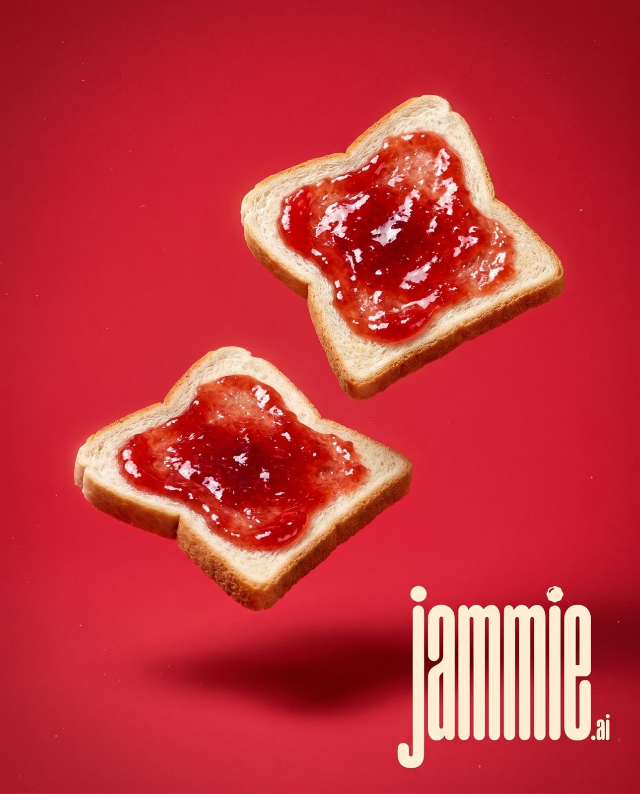 two slices of jam toast flying over a strawberry field, with the jammie wordmark